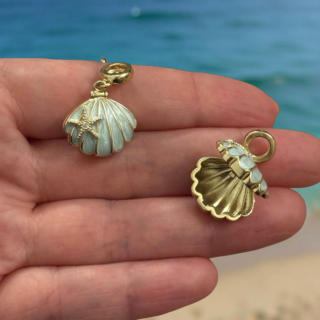 Gold Enamel Locket Shell Pendant with CZ Starfish