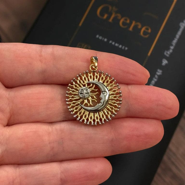 Gold Sun &amp; Moon Face Pendant – 24Kt Gold Plated Celestial Brass Charm,