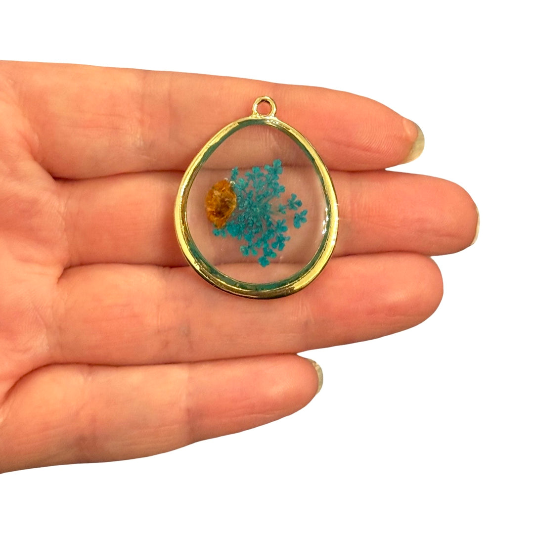 Real Dried Orange Flower &amp; Blue Botanical Epoxy Resin Teardrop Pendant, Handmade Botanical Jewellery Pendant, 35x30mm
