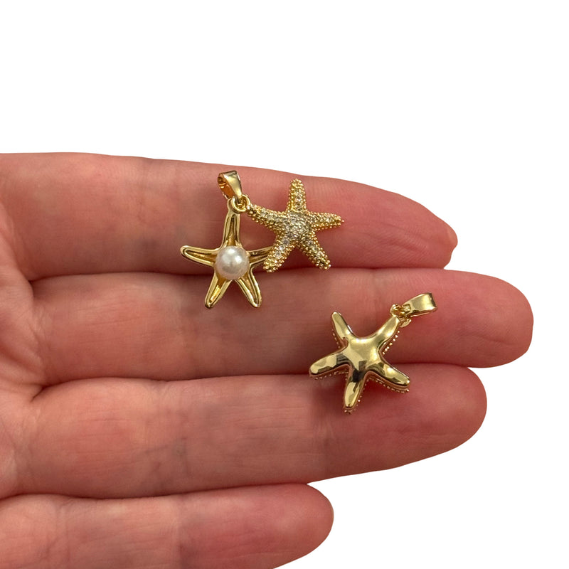 Gold Starfish Duo Pendant – 24Kt Gold Plated Starfish Charm with CZ and Pearl