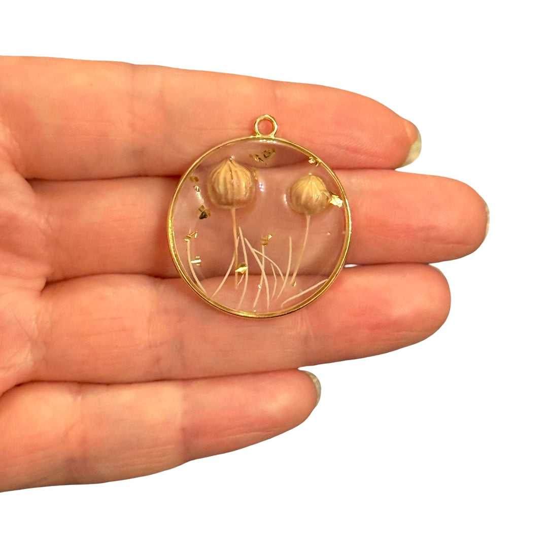 Real Dried Flower Bud Epoxy Resin Round Pendant with Gold Leaf, Handmade Botanical Jewellery Pendant, 34x30mm