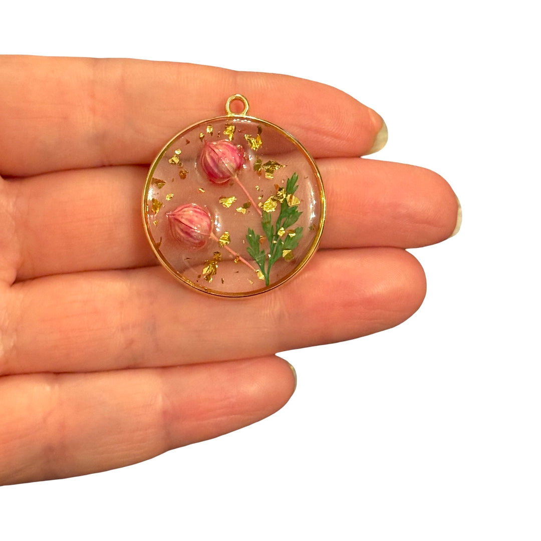 Real Dried Pink Flower Epoxy Resin Round Pendant with Gold Leaf, Handmade Botanical Jewellery Pendant, 34x30mm