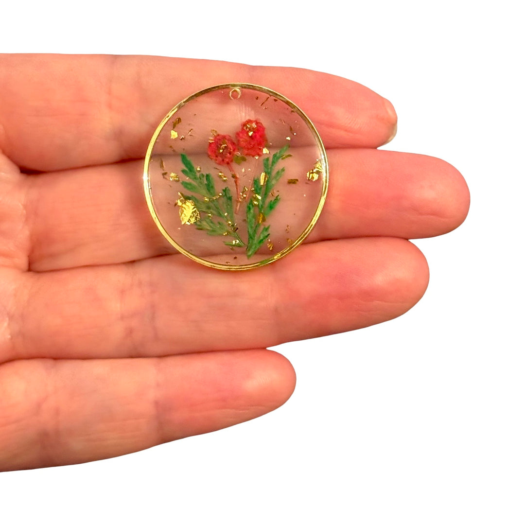 Real Dried Red Wildflower Epoxy Resin Round Pendant with Gold Flakes, Handmade Botanical Jewellery Pendant, 30mm