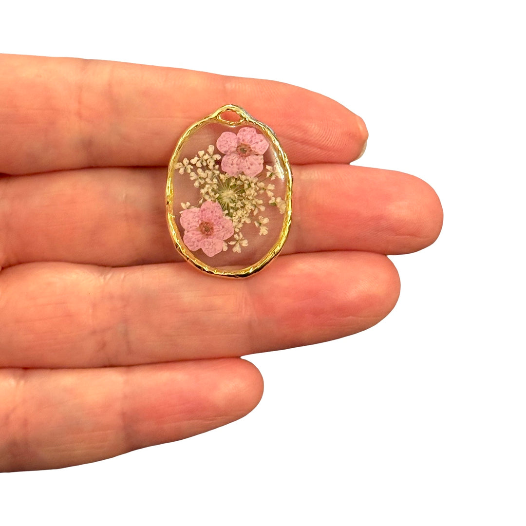 Real Dried Pink Blossom Epoxy Resin Oval Pendant with Preserved Flowers, Handmade Botanical Jewellery Pendant, 28x20mm