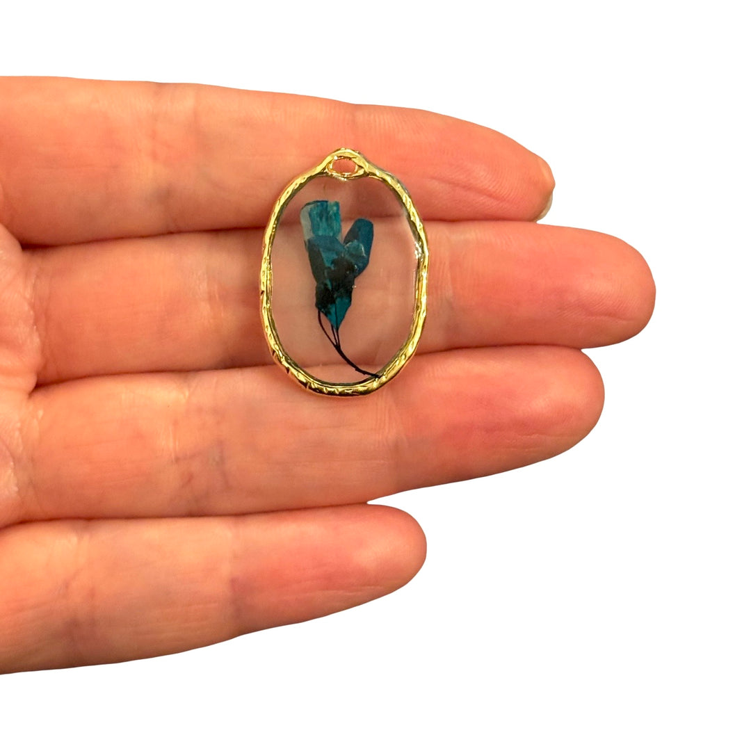 Real Dried Blue Wildflower Epoxy Resin Oval Pendant with Preserved Botanical Flower, Handmade Nature Jewellery Pendant, 28x20mm