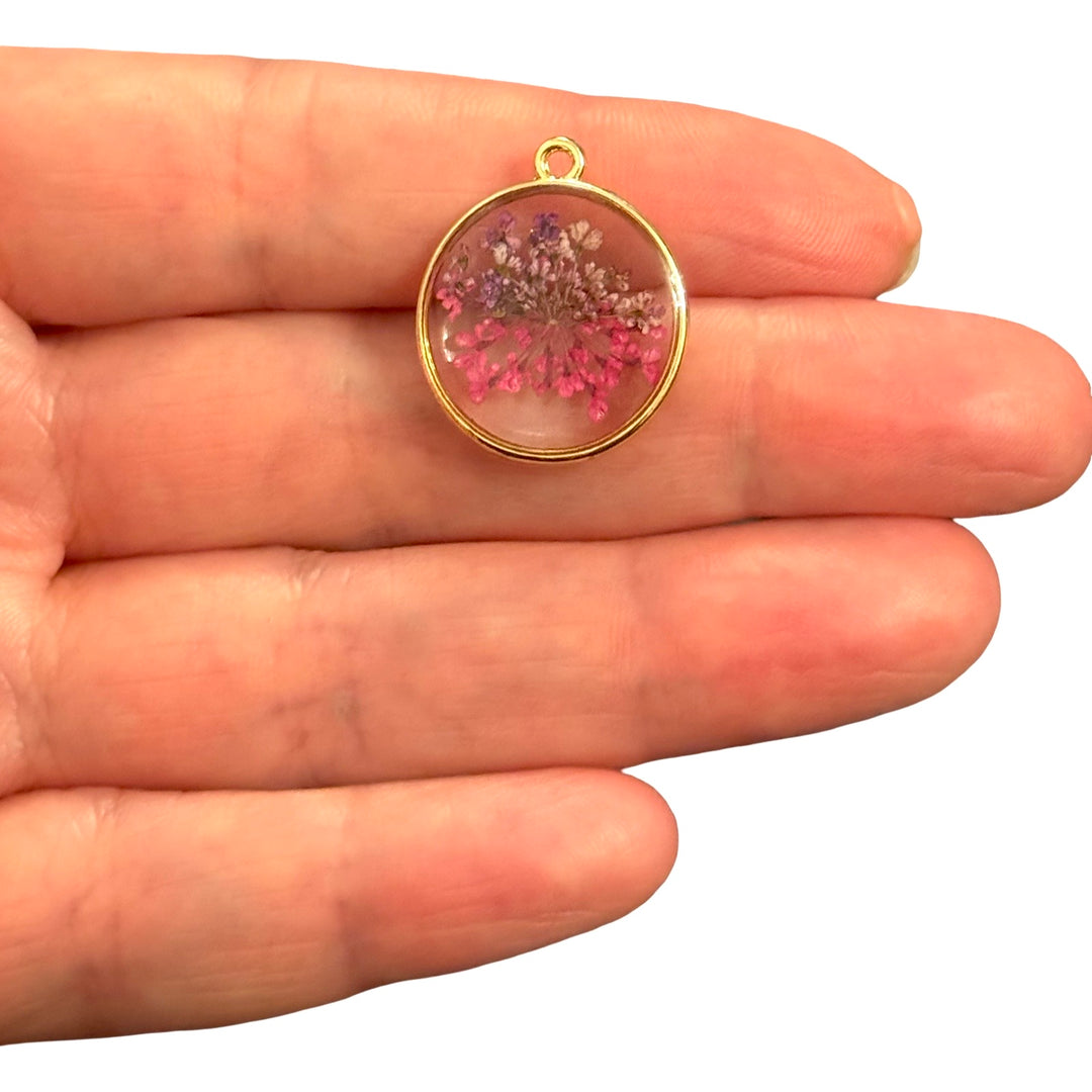 Real Dried Pink &amp; Purple Wildflower Epoxy Resin Round Pendant, Preserved Botanical Flower Charm, Handmade Nature Jewellery Pendant, 22x19mm