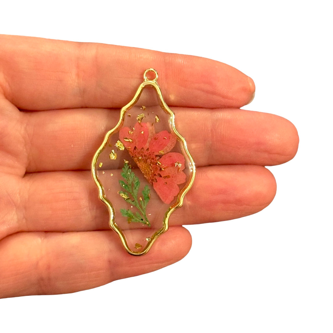 Real Dried Pink Flower Epoxy Resin Ornate Pendant with Preserved Botanical Leaf, Handmade Nature Jewellery Pendant, 49x26mm