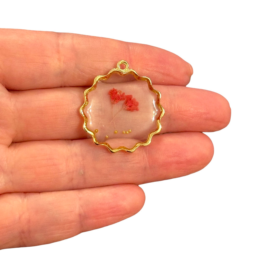 Real Dried Coral Flower Epoxy Resin Scalloped Pendant, Preserved Botanical Nature Charm, Handmade Jewellery Pendant, 30x27mm