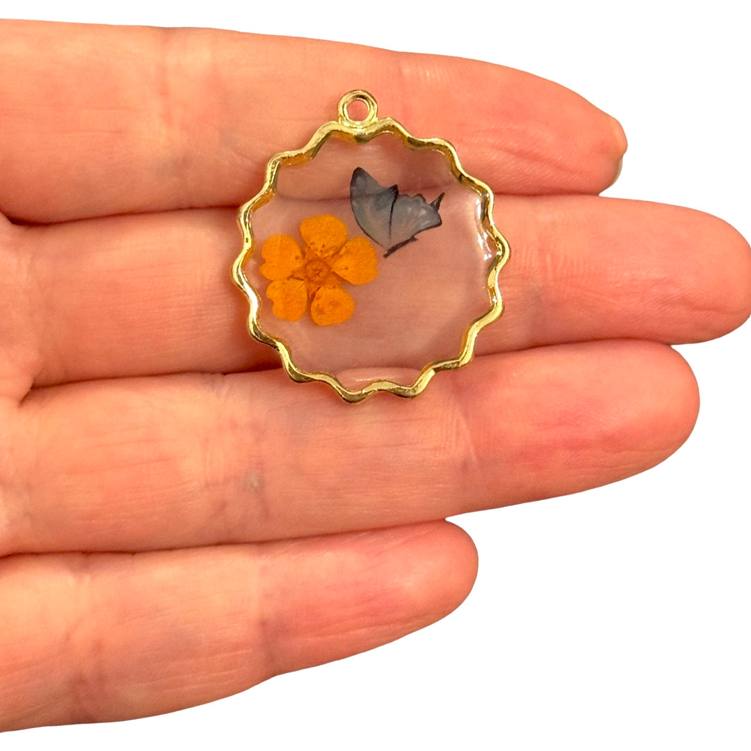 Real Dried Orange Flower &amp; Butterfly Epoxy Resin Scalloped Pendant, Preserved Botanical Nature Charm, Handmade Jewellery Pendant, 30x27mm