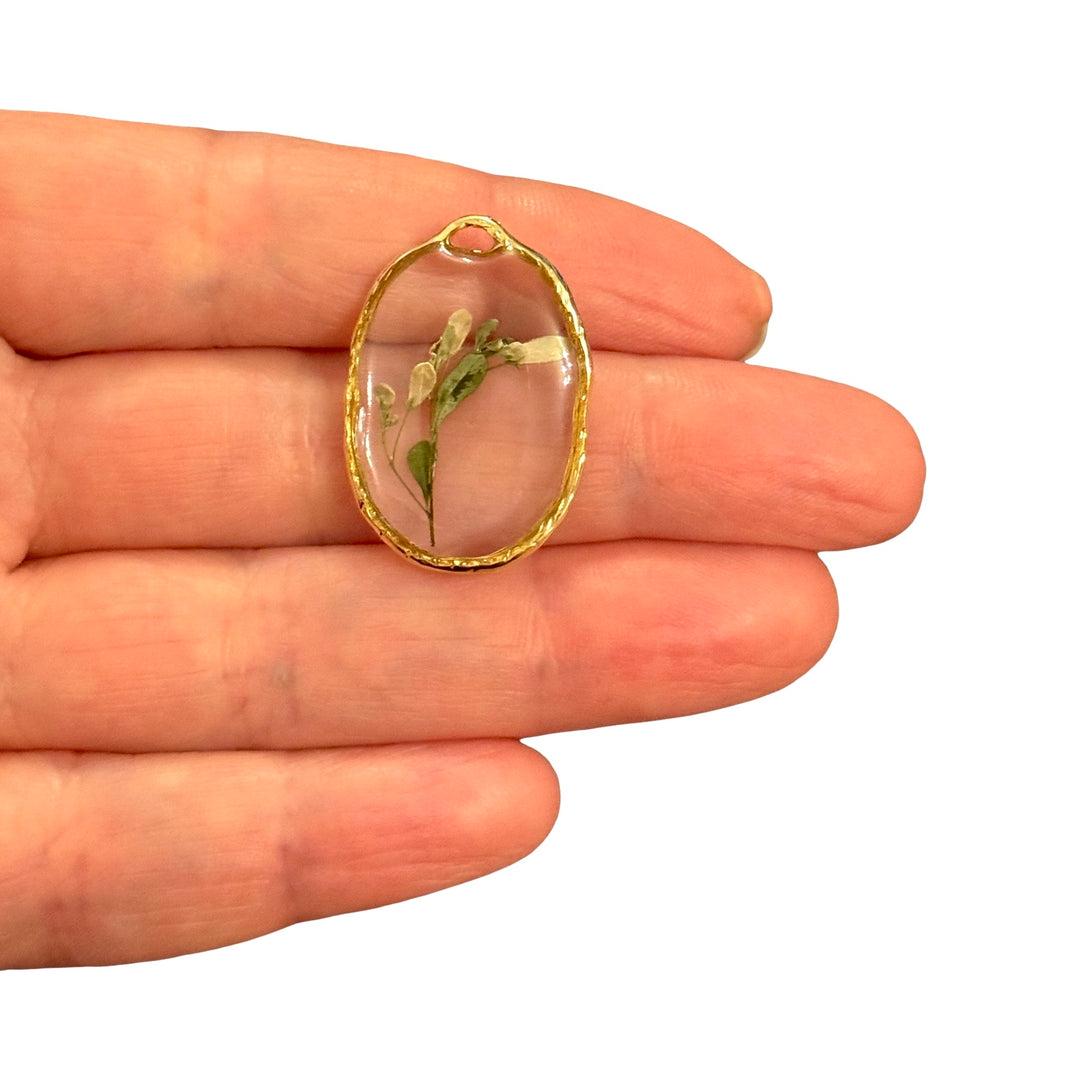 Real Dried Wildflower Stem Resin Pendant, Gold Oval Botanical Charm, Pressed Flower Jewellery Making Pendant, 23x13mm