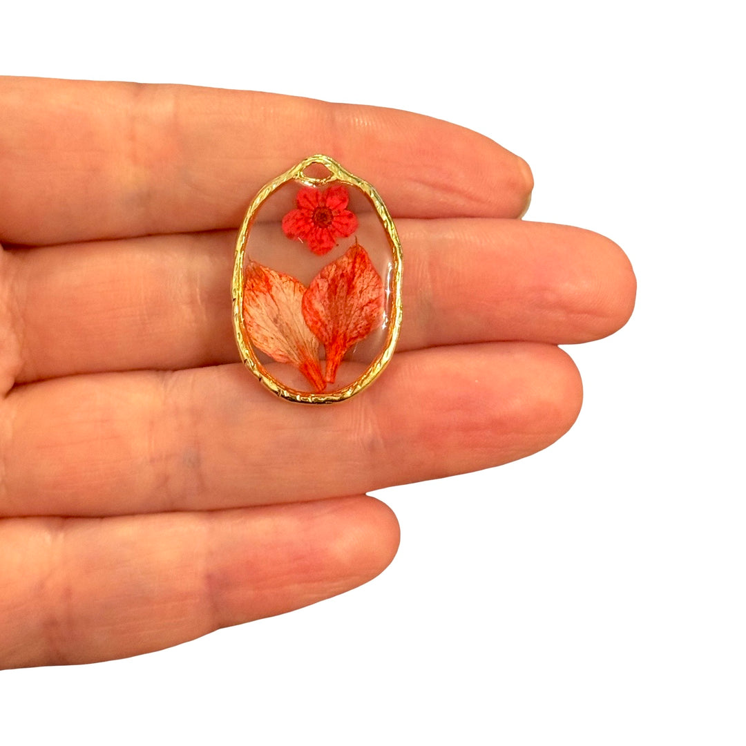 Real Dried Red Wildflower Resin Pendant, Gold Oval Botanical Charm, Pressed Flower Jewellery Making Pendant, 28x20mm