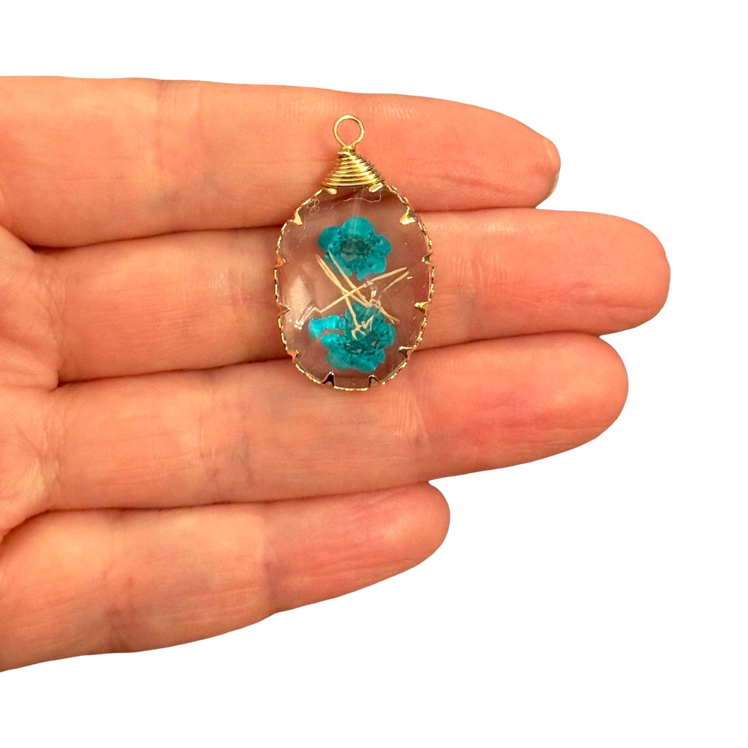 Real Dried Blue Flowers 3D Resin Pendant, Gold Teardrop Botanical Charm, Handmade Dome Jewellery Making Pendant, 31x18mm