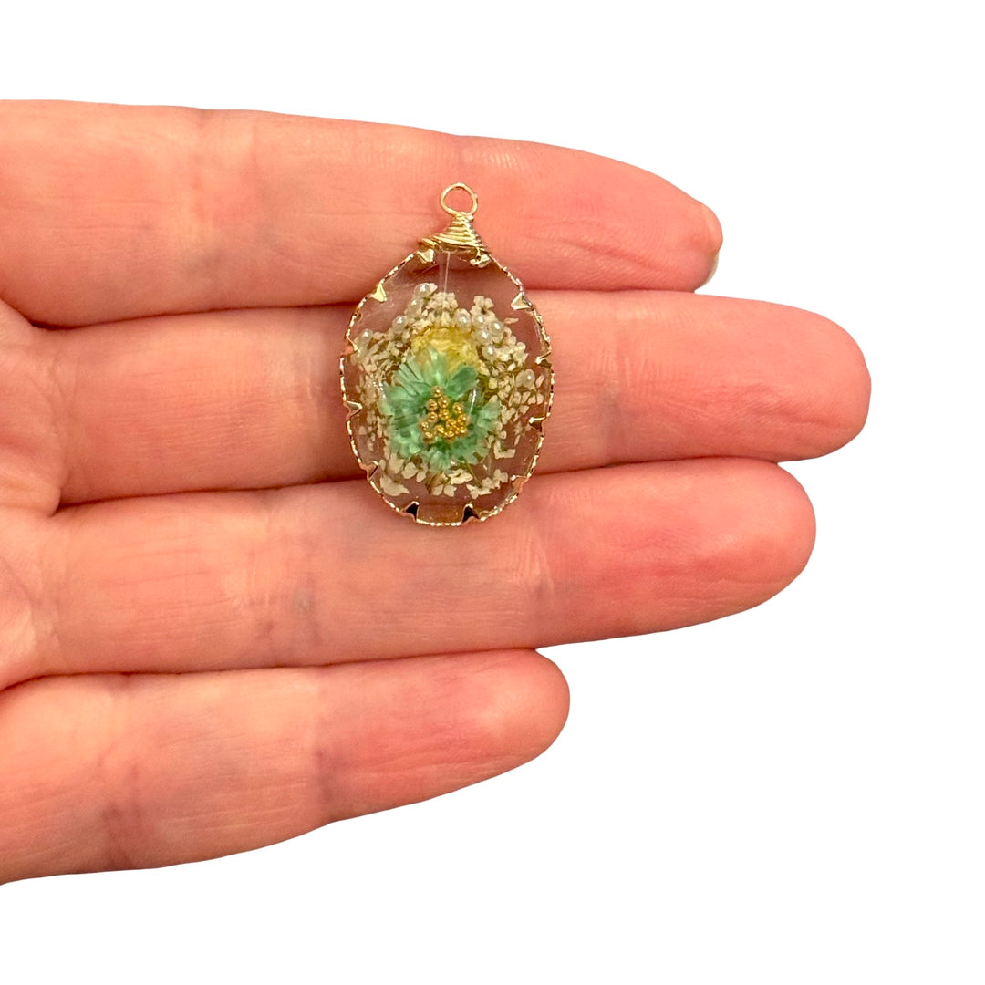 Real Dried Blue &amp; Yellow Flowers 3D Resin Pendant, Gold Teardrop Botanical Charm, Handmade Dome Jewellery Making Pendant, 31x18mm