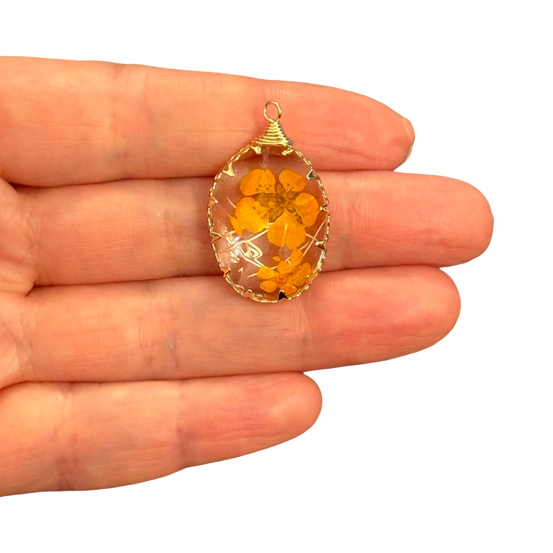 Real Dried Orange Wildflower 3D Resin Pendant, Gold Teardrop Botanical Charm, Handmade Dome Jewellery Making Pendant, 31x18mm