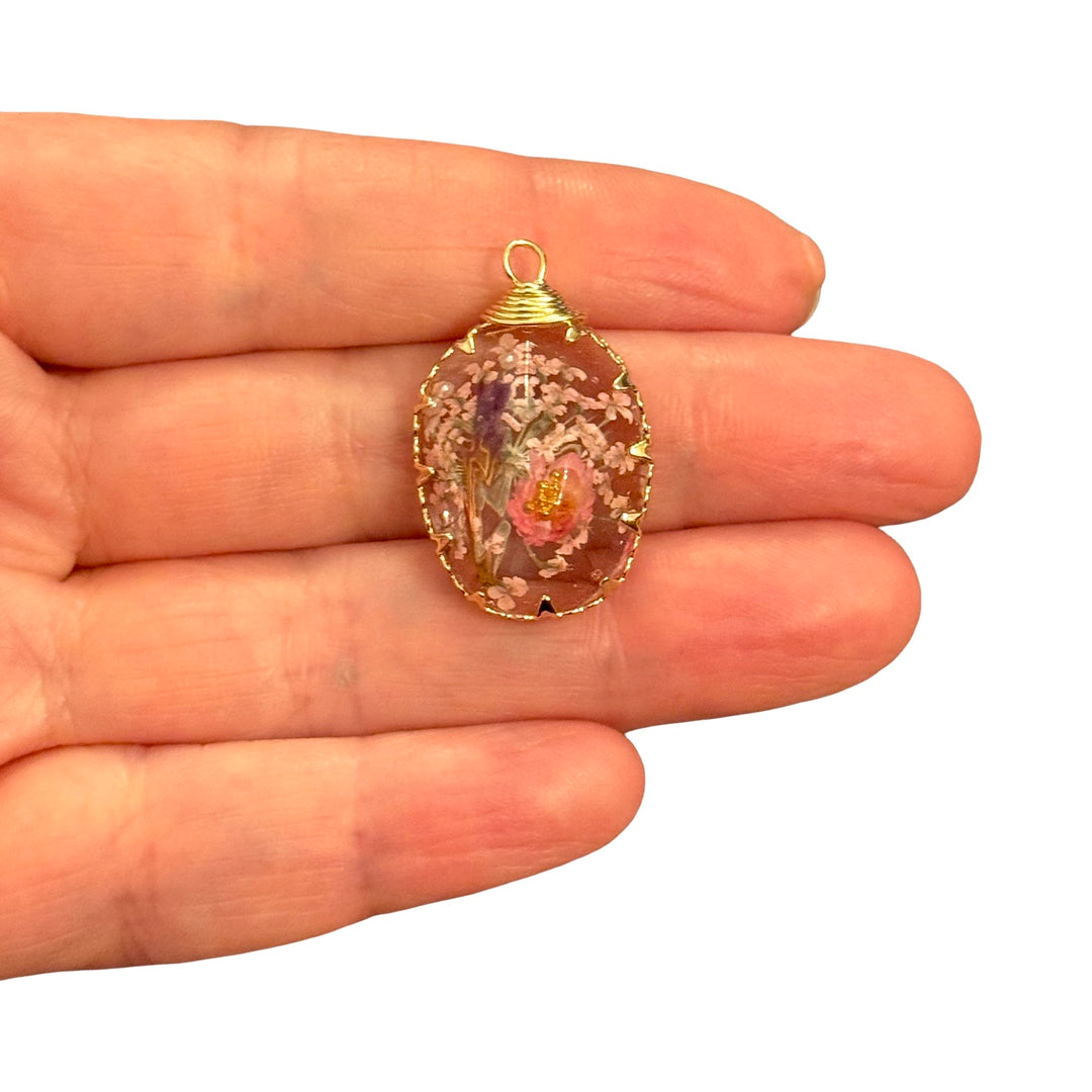Real Dried Pink &amp; Purple Flowers 3D Resin Pendant, Gold Teardrop Botanical Charm, Handmade Dome Jewellery Making Pendant, 31x18mm