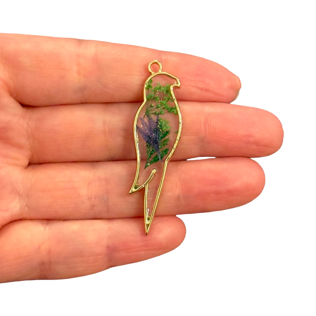Real Dried Purple Flowers &amp; Green Fern Bird Resin Pendant, Gold Botanical Bird Charm, Handmade Nature Jewellery Pendant, 47x13mm