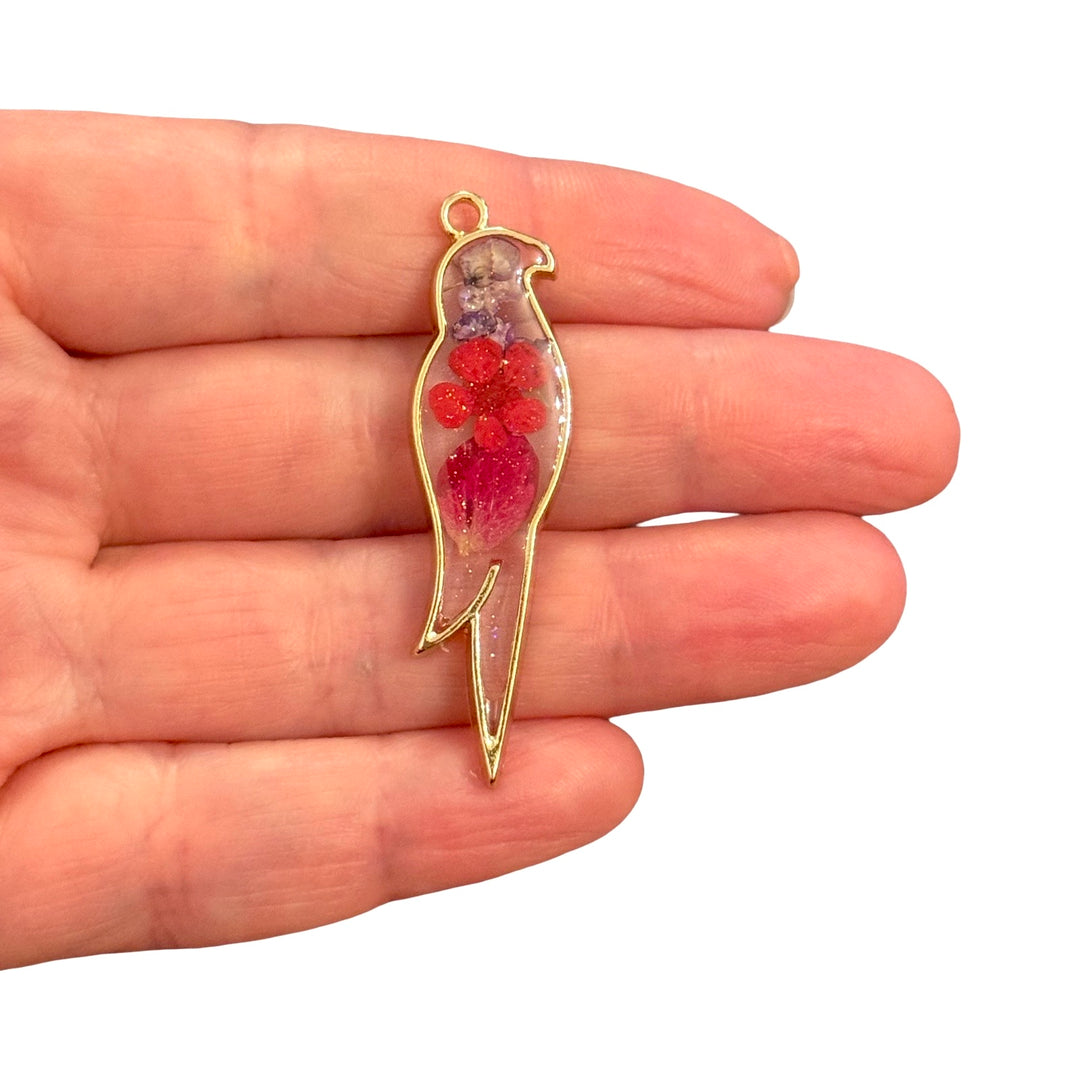 Real Dried Red &amp; Purple Flowers Bird Resin Pendant, Gold Botanical Bird Charm, Handmade Nature Jewellery Pendant, 47x13mm