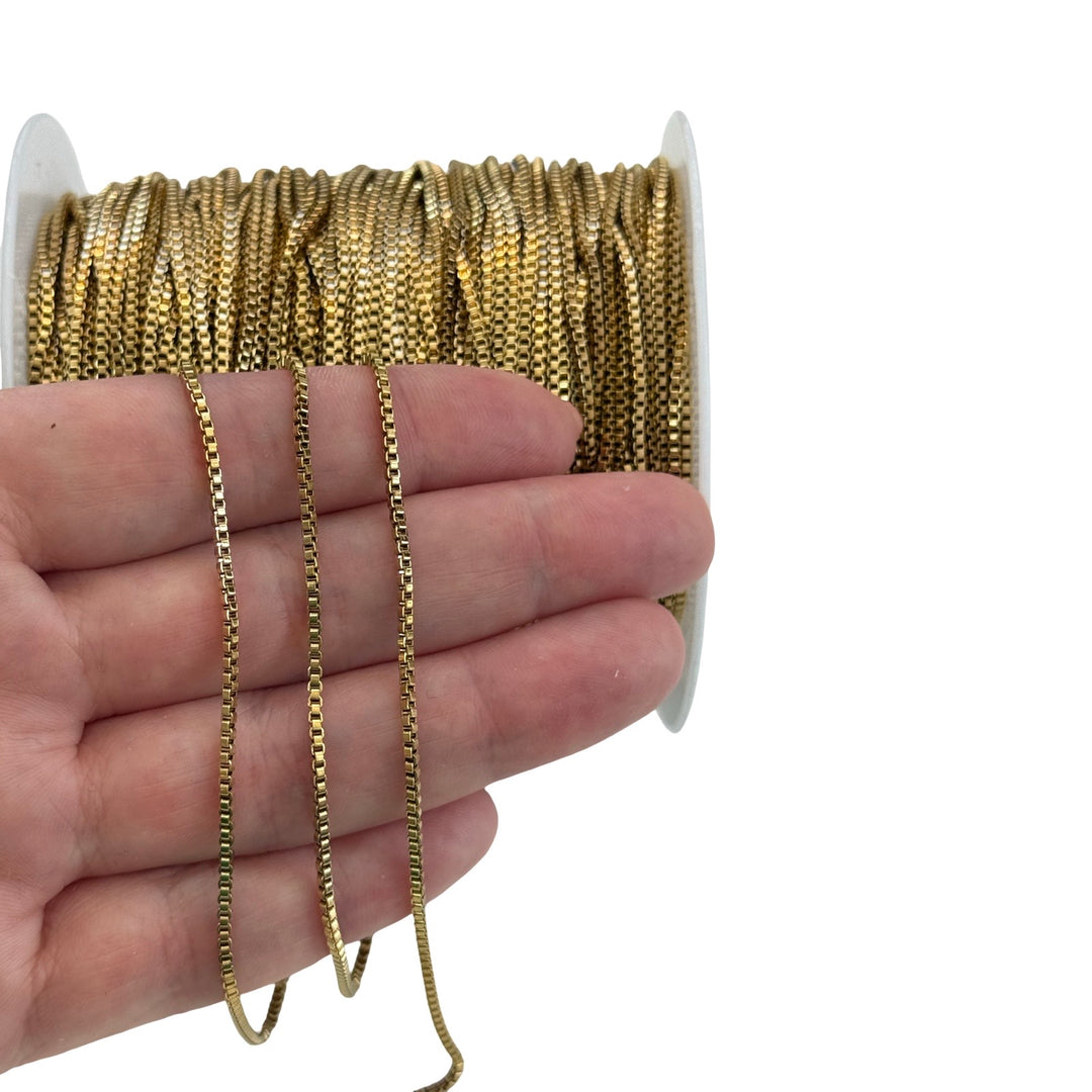 Waterproof 24Kt PVD Gold Plated Stainless Steel 1.5mm Box Chain – Tarnish Resistant Jewellery Making Chain