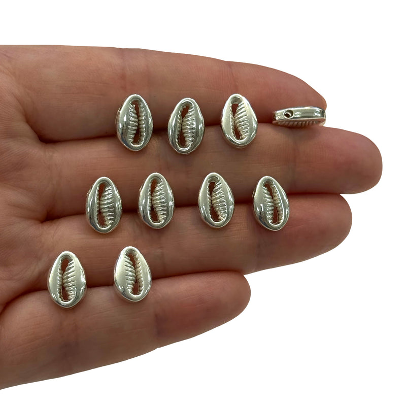 Silver Plated Cowrie Charms With Horizontal Drilled Hole On the Top,10 pcs in a pack