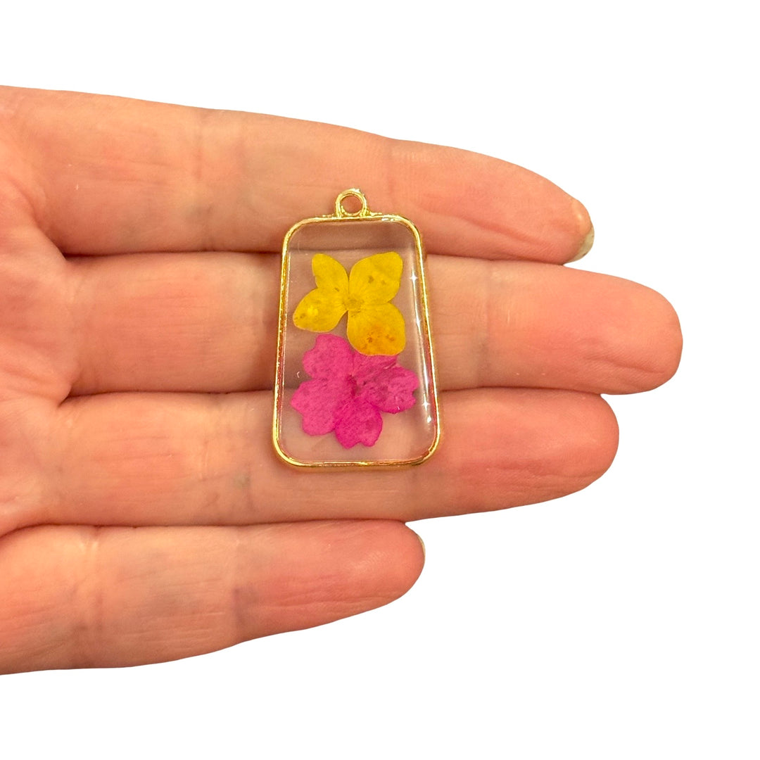 Real Dried Yellow &amp; Hot Pink Flowers Rectangle Epoxy Pendant, Gold Botanical Floral Charm, 33x20mm