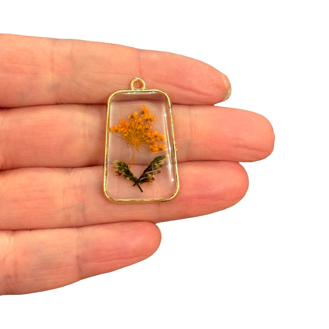 Real Dried Orange Queen Anne’s Lace Flower Rectangle Epoxy Pendant, Gold Botanical Floral Charm, 33x20mm