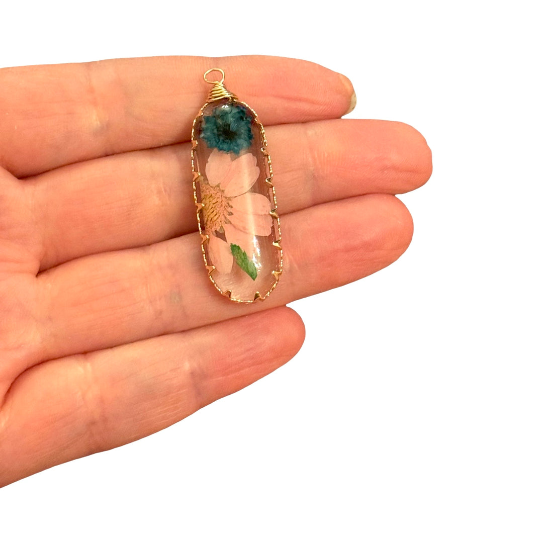 Real Dried Blue &amp; Blush Pink Flower Epoxy Pendant, Gold Botanical Floral Charm, 42x16mm