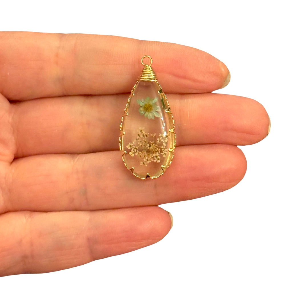 Real Dried Mint Green &amp; White Flower Epoxy Teardrop Pendant, Gold Botanical Floral Charm, 33x17mm