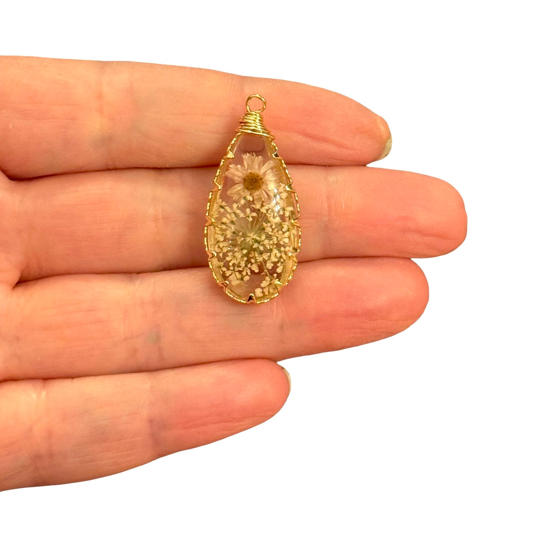 Real Dried White Daisy Flower Epoxy Teardrop Pendant, Gold Botanical Floral Charm, 33x17mm