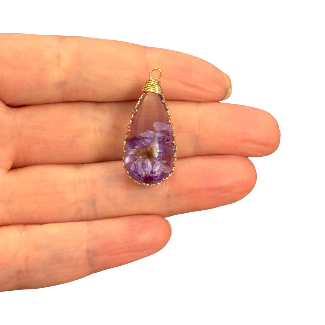 Real Dried Purple Flower 3D Epoxy Teardrop Pendant, Gold Botanical Floral Charm, 30x14mm