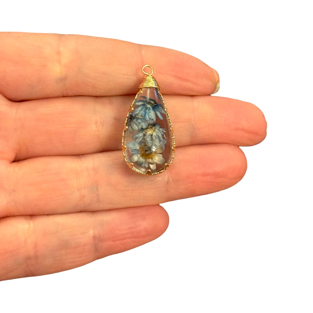 Real Dried Blue Daisy Flowers 3D Epoxy Teardrop Pendant, Gold Botanical Floral Charm, 30x14mm