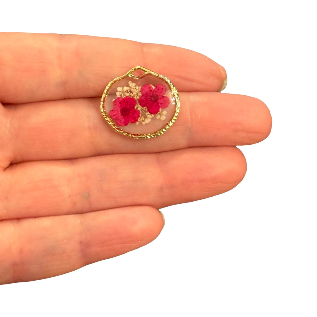 Real Dried Bright Pink &amp; White Flowers Epoxy Round Pendant, Gold Botanical Floral Charm, 19x22mm