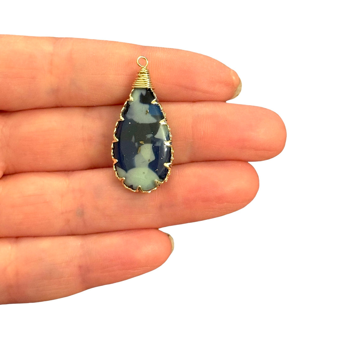 Blue &amp; Mint Green Botanical Epoxy Teardrop Pendant, Gold Tone Floral Charm, 33x16mm