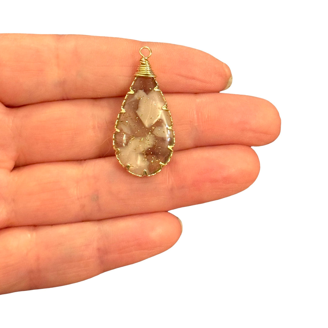 Cream Botanical Epoxy Teardrop Pendant, Gold Tone Pressed Flower Charm, 33x16mm