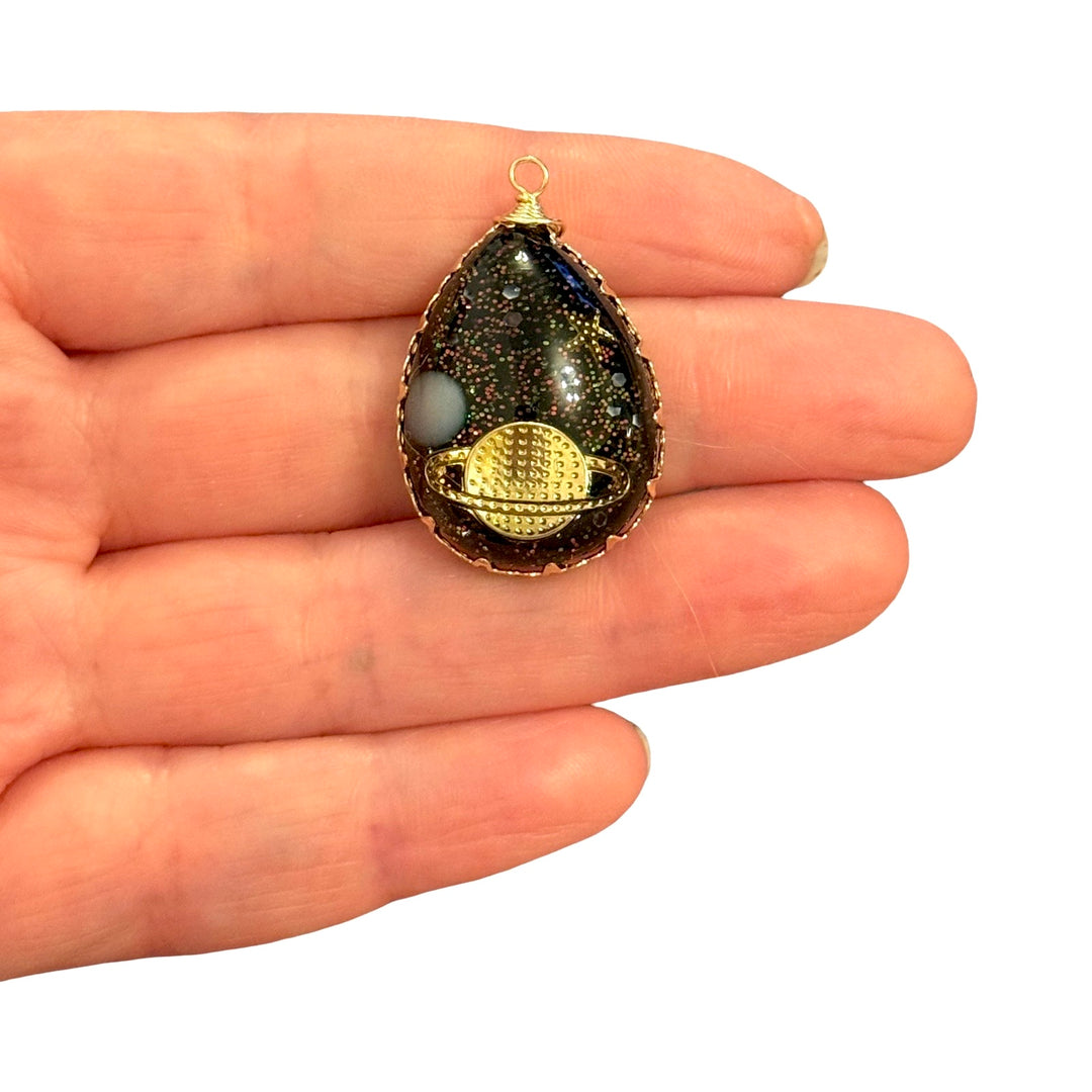 Gold Saturn Planet Epoxy Teardrop Pendant, Black Galaxy Celestial Charm, 33x21mm