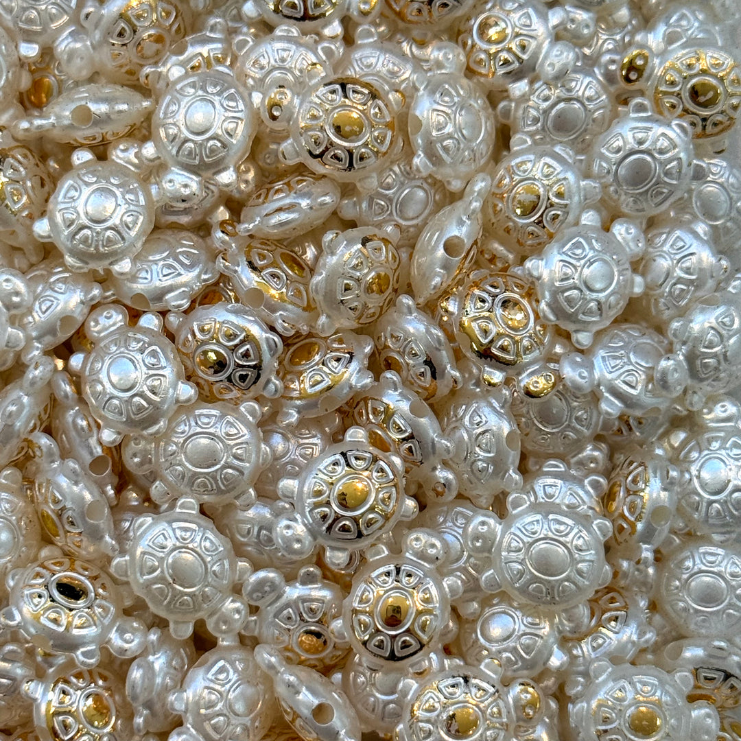 Pearl White &amp; Gold Turtle Beads