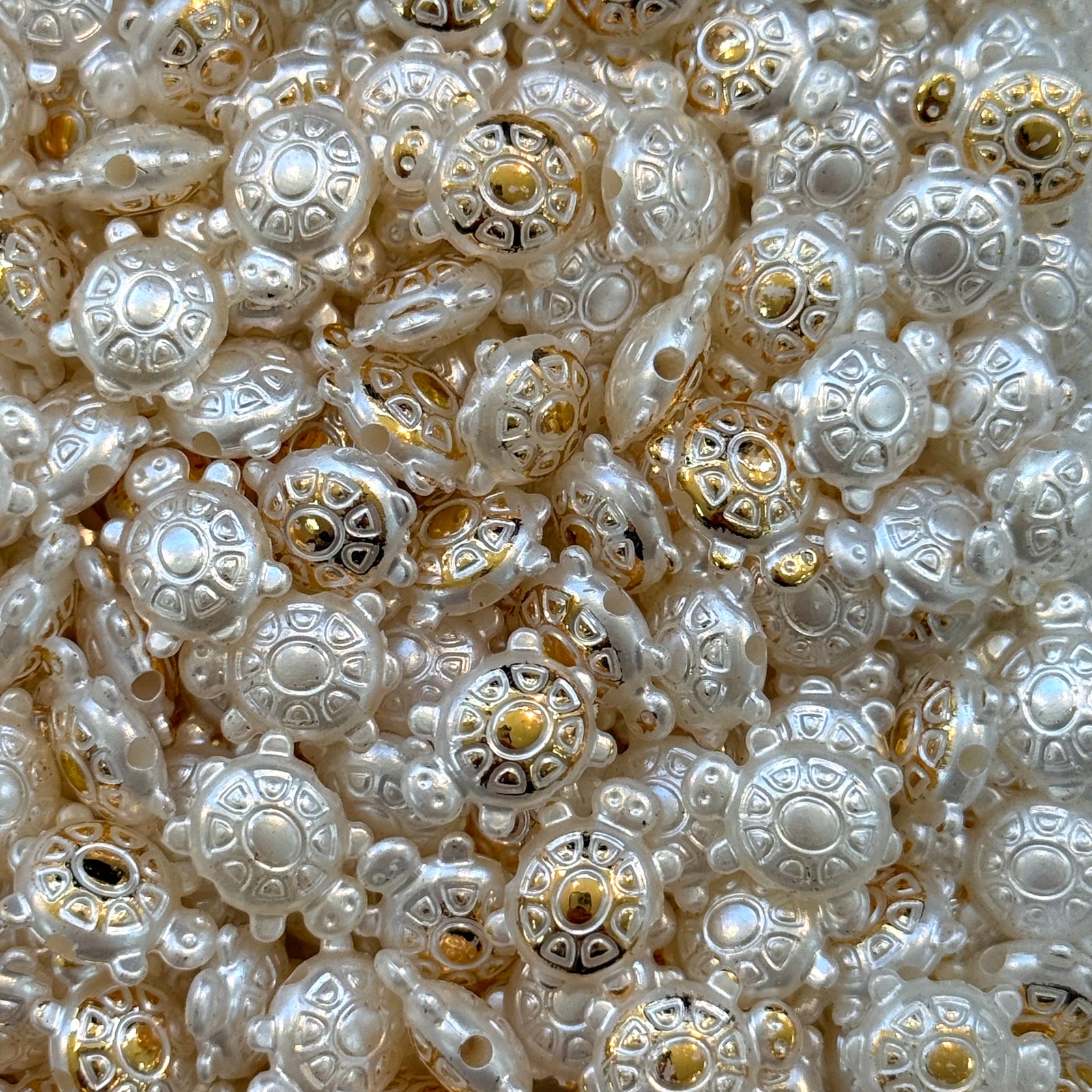 Pearl White & Gold Turtle Beads