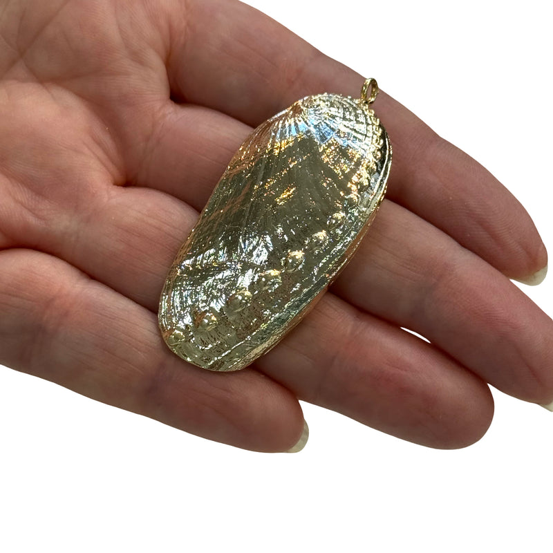 24Kt Gold-Plated Shell Pendant – Large Realistic Textured Abalone Design, 52x24mm, 2.5mm Hole