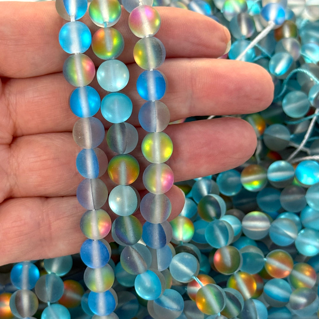 Aurora Borealis Frosted Ice Blue Mermaid Beads – Iridescent Hydrothermal Quartz Round Beads 8mm, Approx 47 Beads per Strand