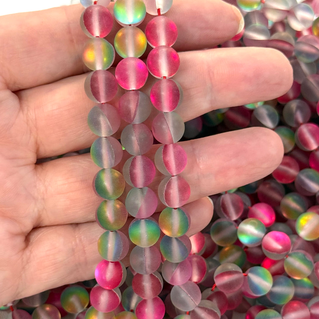 Aurora Borealis Frosted Raspberry Pink Mermaid Beads – Iridescent Hydrothermal Quartz Round Beads 8mm, Approx 47 Beads per Strand
