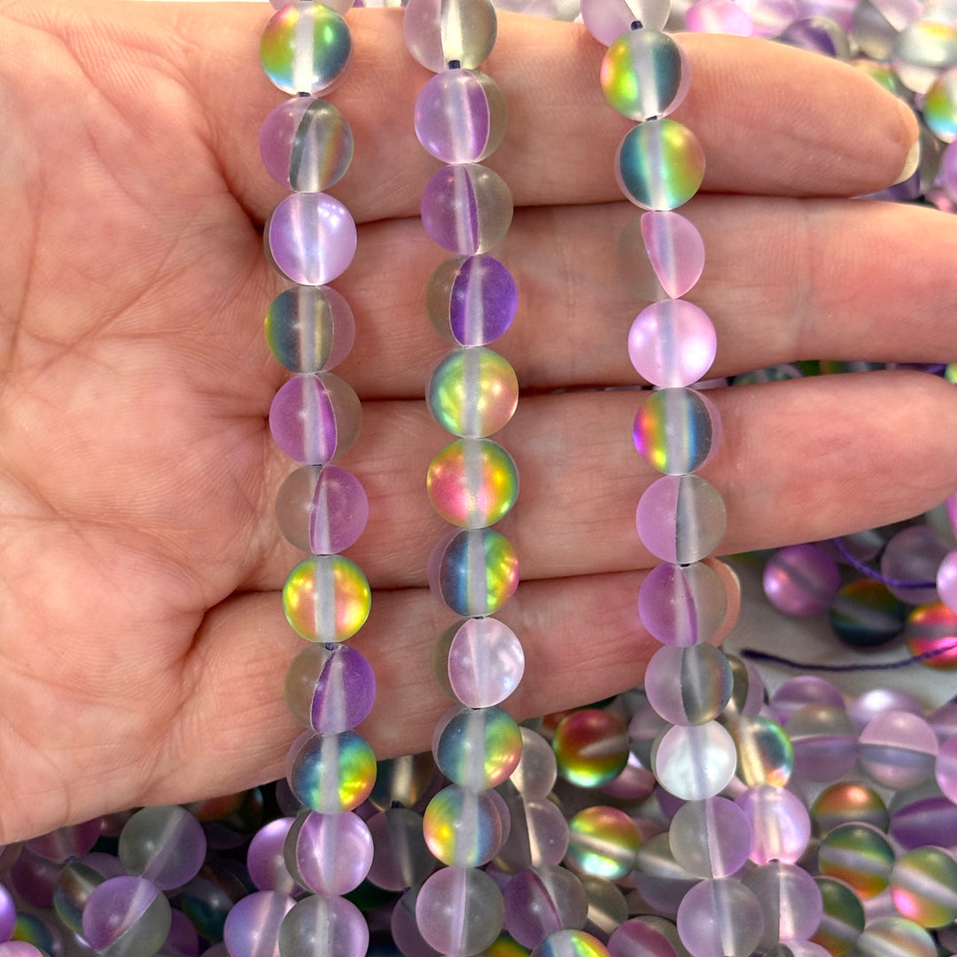Aurora Borealis Frosted Lilac Rainbow Mermaid Beads – Iridescent Hydrothermal Quartz Round Beads 8mm, Approx 47 Beads per Strand
