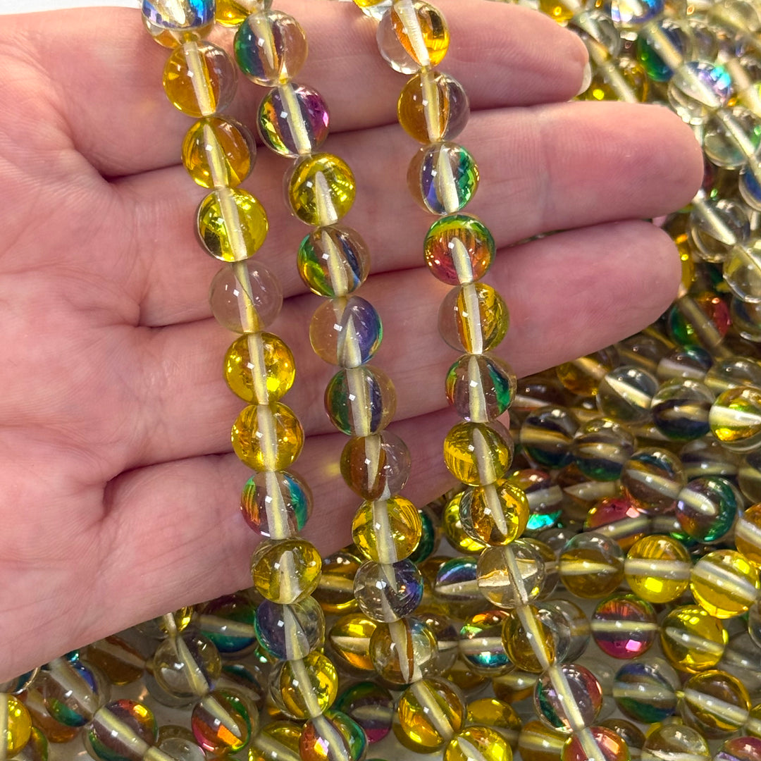 Aurora Borealis Golden Amber Mermaid Beads – Iridescent Hydrothermal Quartz Round Beads 8mm, Approx 47 Beads per Strand