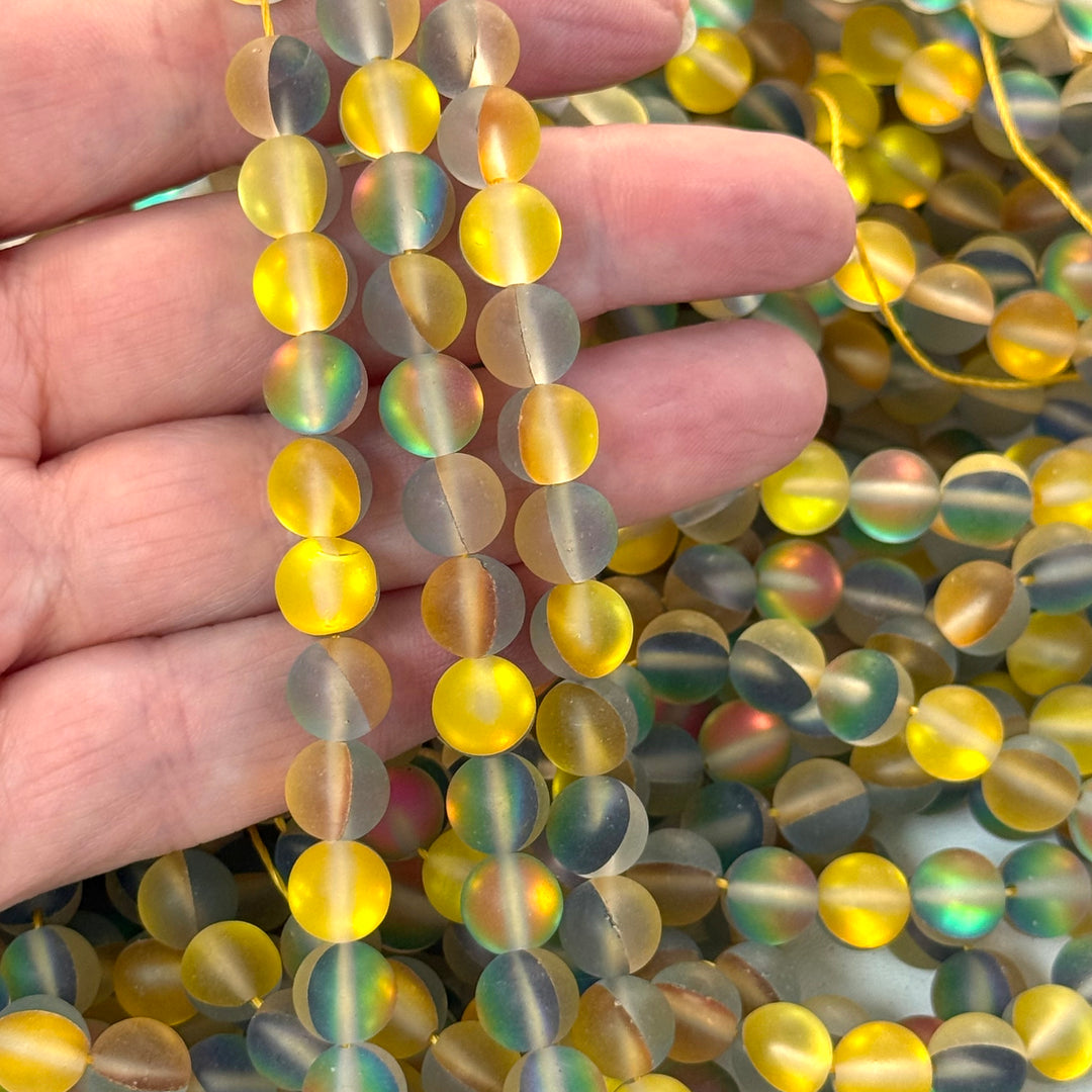 Aurora Borealis Frosted Golden Yellow Mermaid Beads – Iridescent Hydrothermal Quartz Round Beads 8mm, Approx 47 Beads per Strand