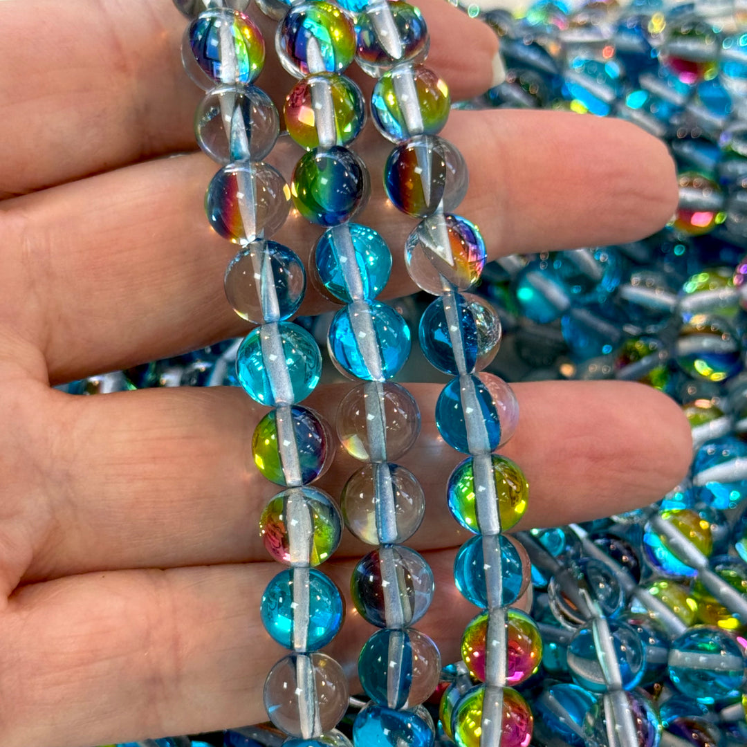 Aurora Borealis Blue Mermaid Beads – Iridescent Round Glass Beads 8mm, 47 Beads per Strand