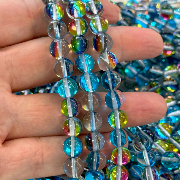 Aurora Borealis Blue Mermaid Beads – Iridescent Round Glass Beads 8mm, 47 Beads per Strand
