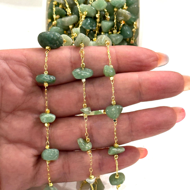 Aventurine Rosary Chain, 24Kt Gold Plated Gemstone Chain,