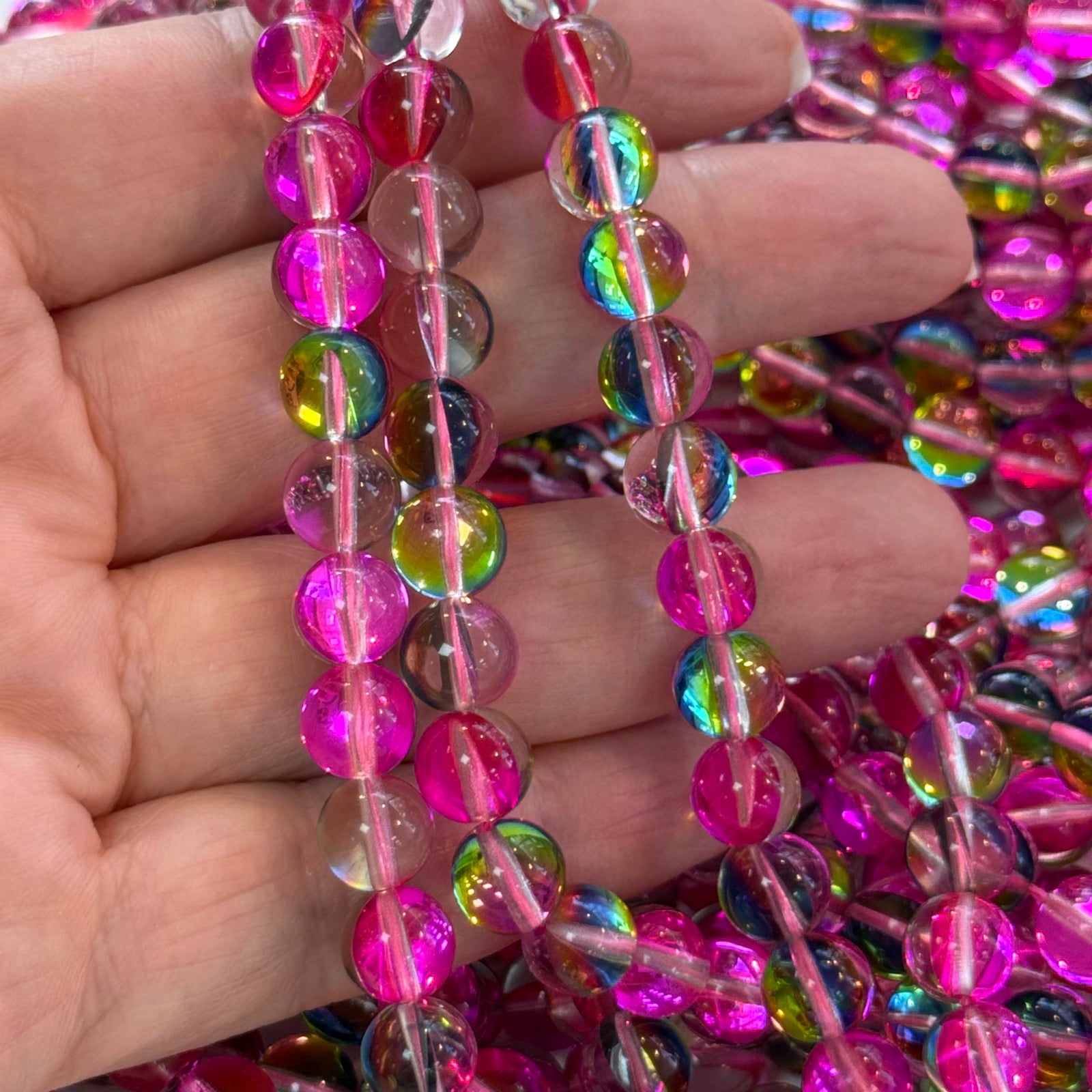 Aurora Borealis Pink Mermaid Beads – Iridescent Round Glass Beads 8mm, 47 Beads per Strand