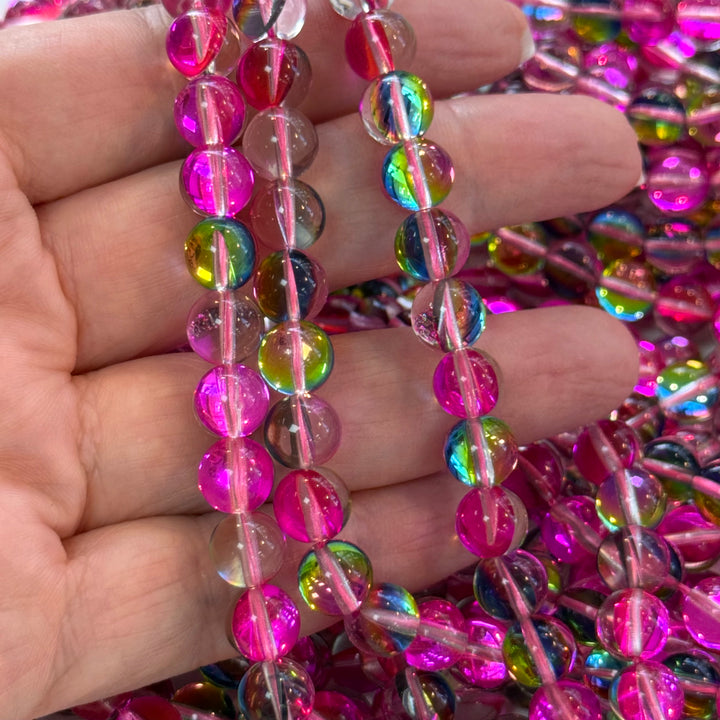 Aurora Borealis Pink Mermaid Beads – Iridescent Round Glass Beads 8mm, 47 Beads per Strand