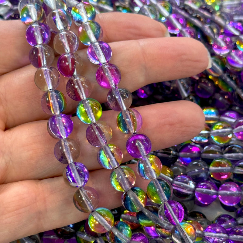 Aurora Borealis Purple Mermaid Beads – Iridescent Round Glass Beads 8mm, 47 Beads per Strand