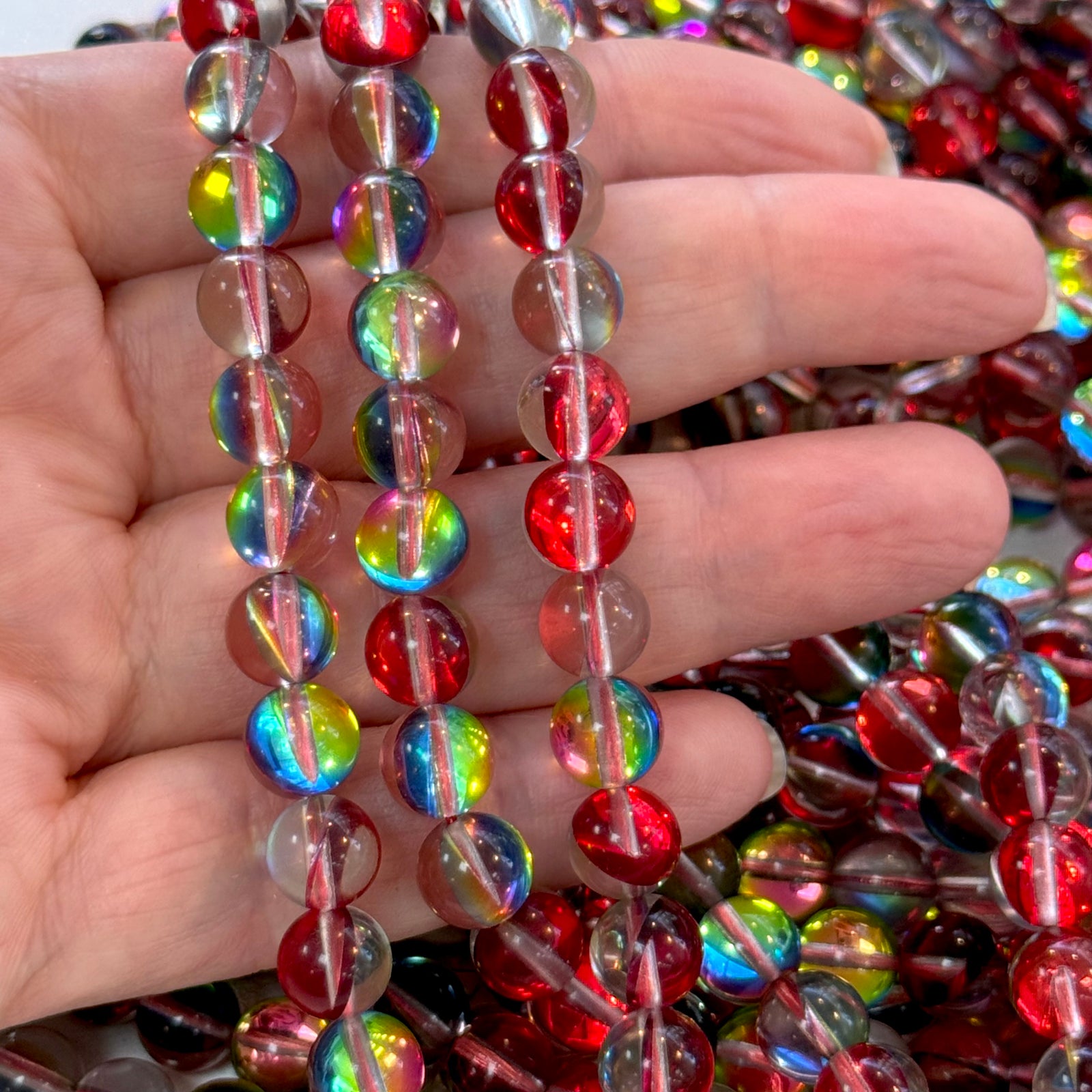 Aurora Borealis Red Mermaid Beads – Iridescent Round Glass Beads 8mm, 47 Beads per Strand