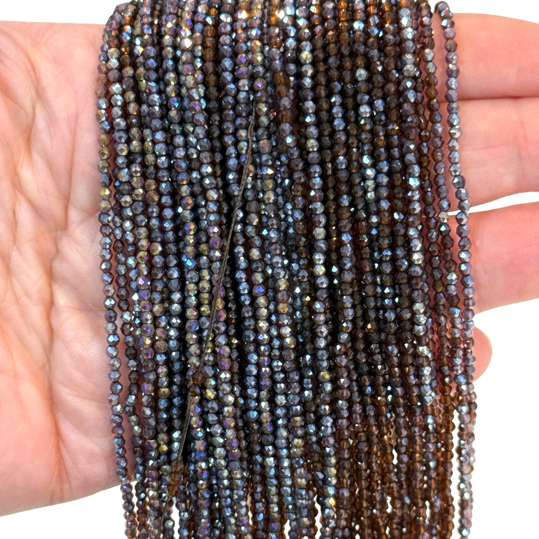 2mm Iridescent Coffee Brown AB Faceted Round Crystal Beads